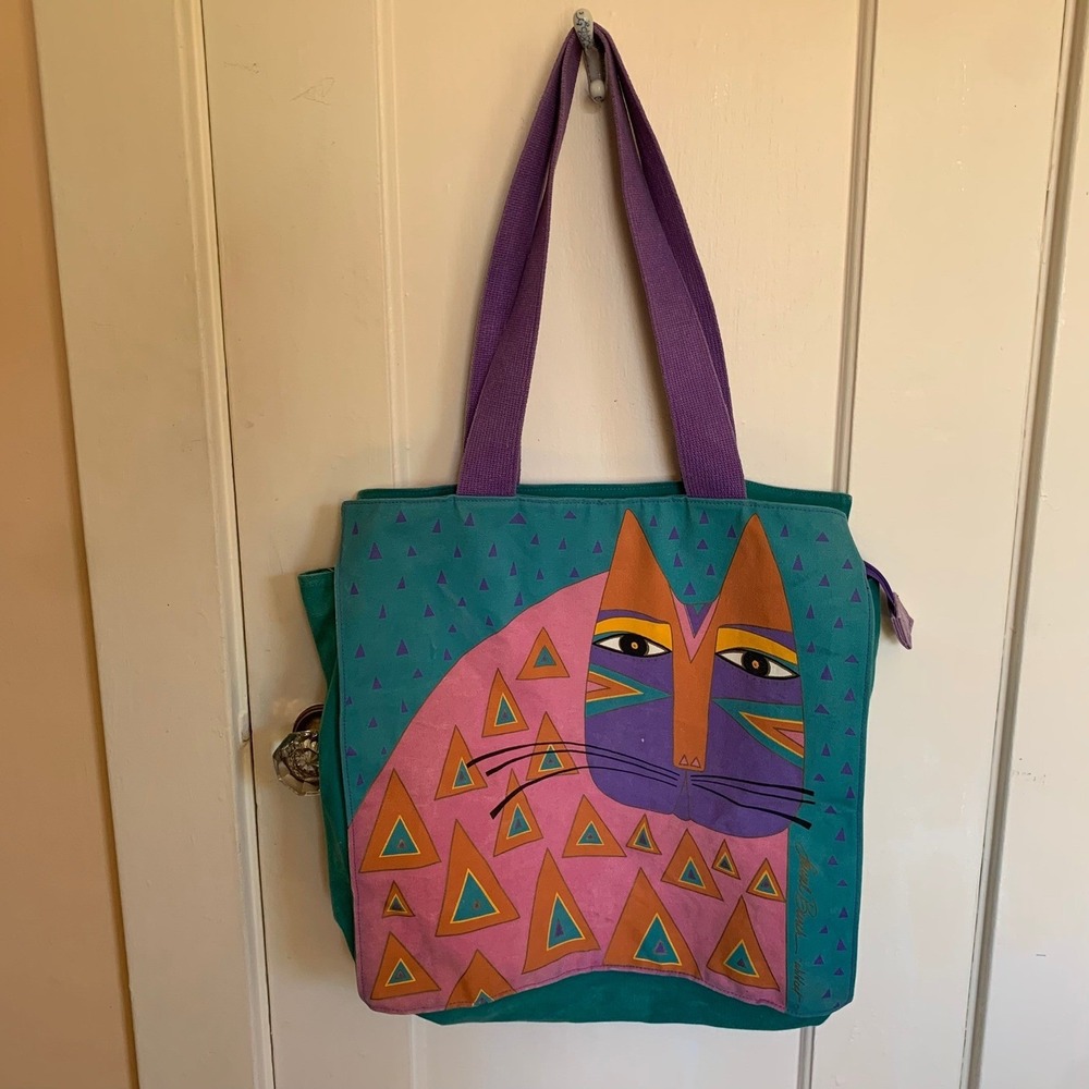 Laurel Burch Cat Canvas Tote Bag Purple Teal Pink Geometric Art Zipper Shoulder